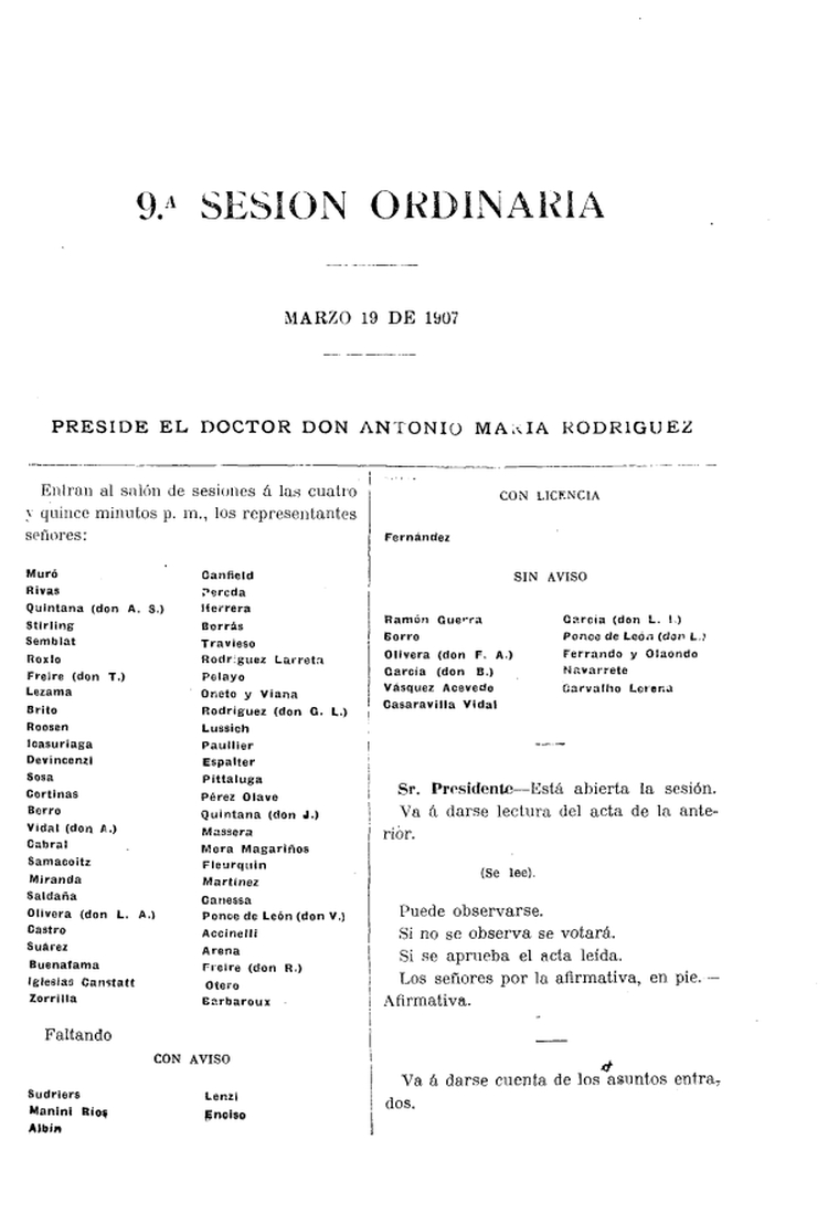 DIARIO DE SESIONES DE LA CAMARA DE REPRESENTANTES del 19/03/1907